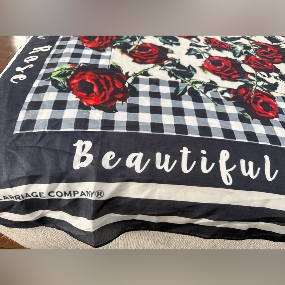 Clever Carriage Company Rose Patterned Scarf - Black and Red 💯 Silk - Picture 2 of 11